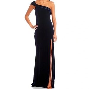 City Vibe navy velvet formal dress with high leg slit (size 5 juniors)
